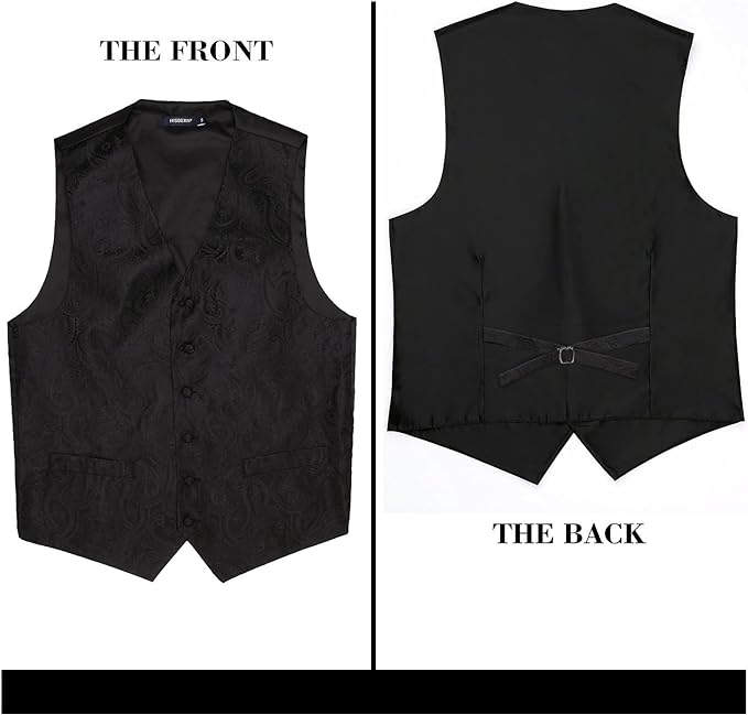 Hisdern Men's Paisley Floral Jacquard Waistcoat&Necktie and Pocket Square Vest Suit Set, Black, 3XL(Chest 54 inch)