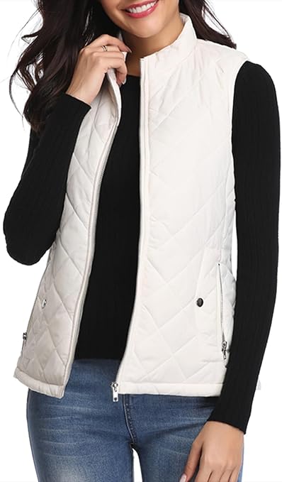 fuinloth Women's Quilted Gilet, Lightweight Body Warmer Padded Outdoor Vest Sleeveless Jacket White Large