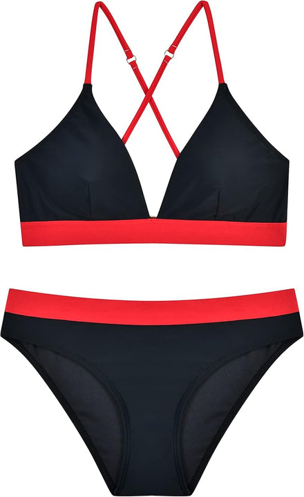iSLASISIA Women’s Bikini Swimsuit Criss Cross Back Triangle Bikini Tie Back Bikini Set Two Piece Swimsuits(Black & Red,UK16)