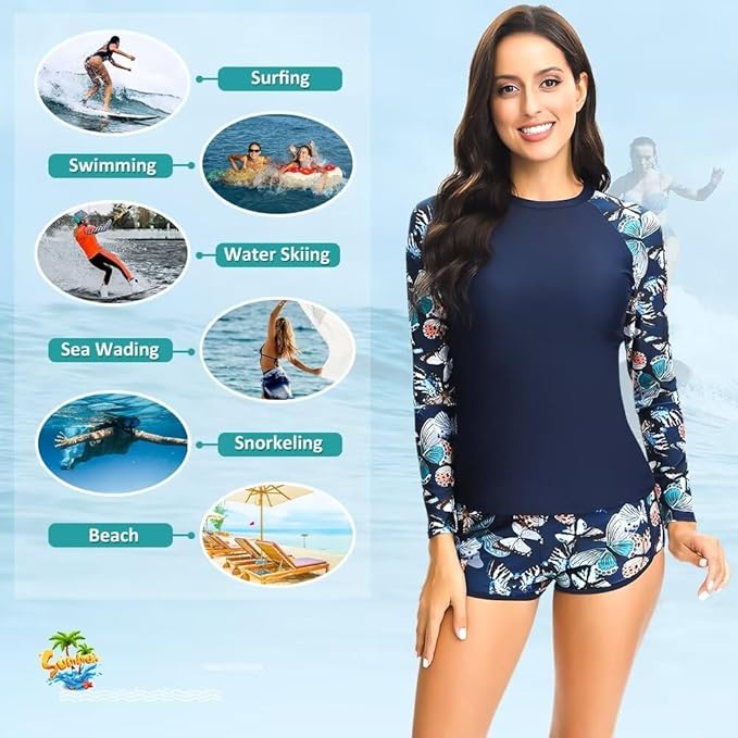 Sillictor Rash Vest Women Swimming Tops UV Womens Swim Shorts and Top Set Ladies 2 Piece Long Sleeve Swimsuits for Women Rash Guard Shirts with Build in Bra for Surfing,Quick Dry 2304