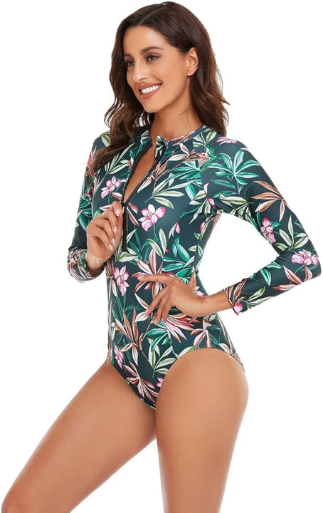 Beachkini One-Piece Swimsuit for Women Long-Sleeved Swimwear with Front Zip Triangle Swimsuit,11 Green,L