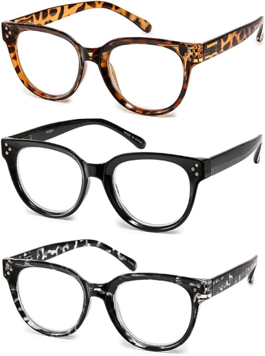 Vecien Reading Glasses Oversized for Women Large Frame Big Lens Readers Spring Hinge Retro 3 Pack +1.75