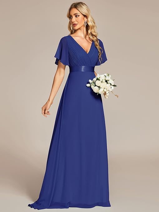 Ever Pretty Glamorous Double V-Neck Ruffles Padded Evening Dress, Sapphire Blue1, 18 UK