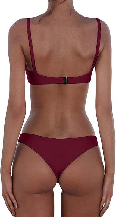 meioro Bikini Set Swimsuits for Women Low Waist Thong Swimwear Bathing Suits No Rims Swimming Costume (L,Purple)