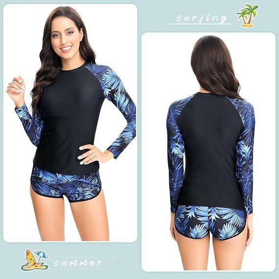 Sillictor Rash Vest Women Swimming Tops UV Womens Swim Shorts and Top Set Ladies 2 Piece Long Sleeve Swimsuits for Women Rash Guard Shirts with Build in Bra for Surfing,Quick Dry 2304