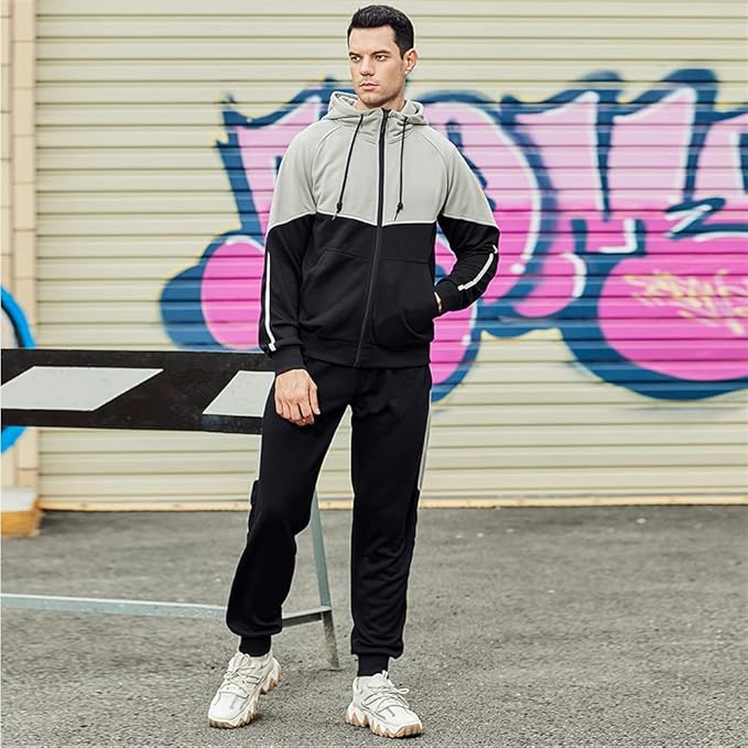 AOTORR Mens Tracksuit Set Full Zip Hooded Jacket Jogging Tops Bottoms Sweatshirt Suit with Pockets TZ95 Black XL
