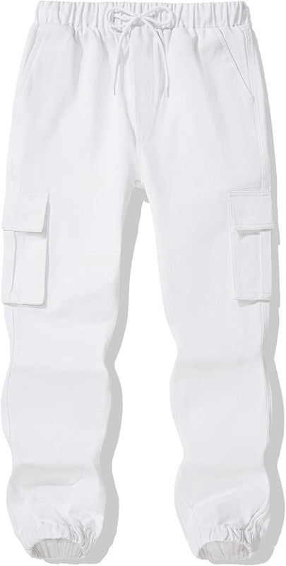 Auranso Boys Cargo Trousers 12-13 Years Kids Elasticated Waist Joggers with Drawstring Outdoor Casual Pants White