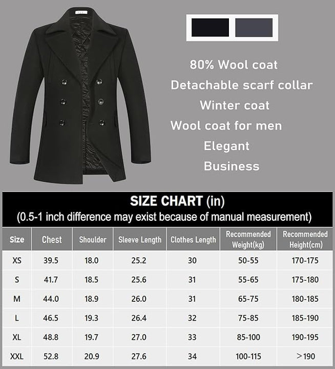 APTRO Mens Jacket Winter 80% Wool Coats Peacoat Warm Casual Overcoat Outwear Double Breasted Business Trench Jacket 2201 Black XXL