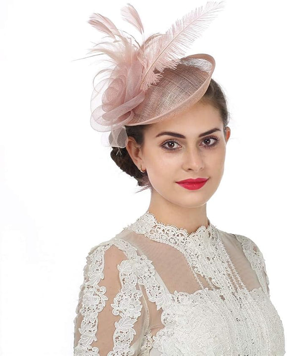Sinamay Flower Feather Headband Fascinator Wedding Headwear Ladies Race Royal Ascot Pillbox Wedding Cocktail Tea Party Derby Hat for Women (A4-Light Pink)