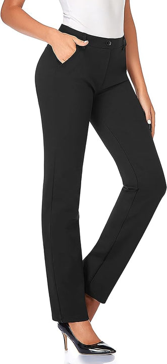 Tapata Women's Stretchy Straight Dress Pants with Pockets Tall, Petite, Regular for Office Work Business, Black, XL / 34L
