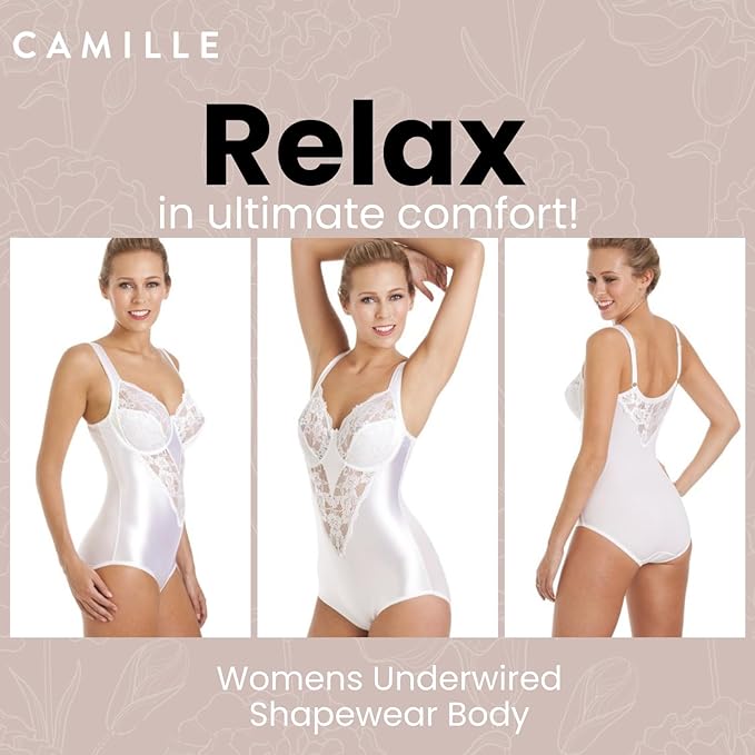 Camille Womens Ladies White Underwired Non Padded Floral Lace Shapewear Body 36B