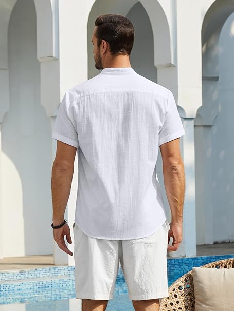 Enlision Mens White Linen Shirts Short Sleeve Grandad Collar Shirt for Men Summer Casual Collarless Henley Top Button Down for Wedding Beach Holiday L