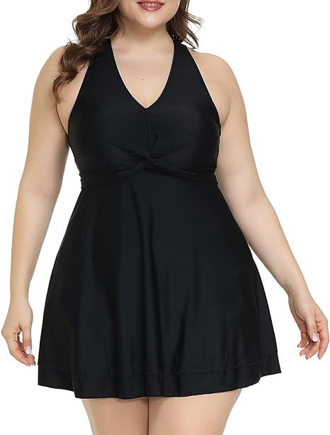 Hanna Nikole Women Plus Size High Waisted Swimsuits Tummy Control Swimdress 18W Black