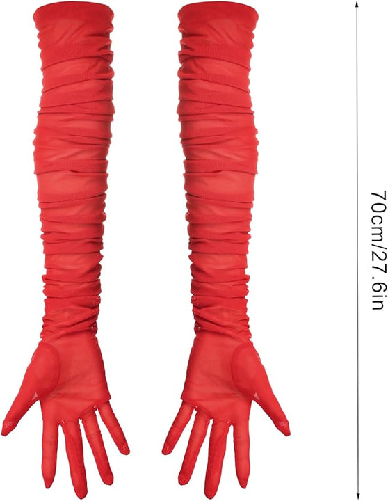 TOYMIS Women's Super Long Gloves, 1920s Sexy Sheer Gloves Elegant Long Opera Gloves Mesh Tulle Gloves Dance Gloves (red)