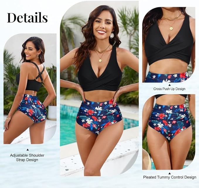 Women's Bikinis,Push Up Bikini Tops & High-Waisted Bikini Bottoms Tummy Control Swimwear Soft Ladies Swimming Costumes 2 Piece Swimsuit Adjustable Bathing Suits, M