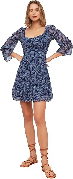 TRENDYOL Women's Flyraded Pattern Casual Dress, Navy/Purple, 6
