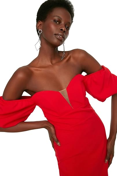 Trendyol FeMan Midi Off-Shoulder Fitted Woven Dress Rot 42