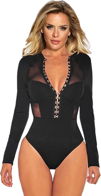 comeondear Women Lingerie Mesh Lace Long Sleeve Leotard Bodysuit Jumpsuit Clubwear Tops, Black 3, UK10-12(X-Large)