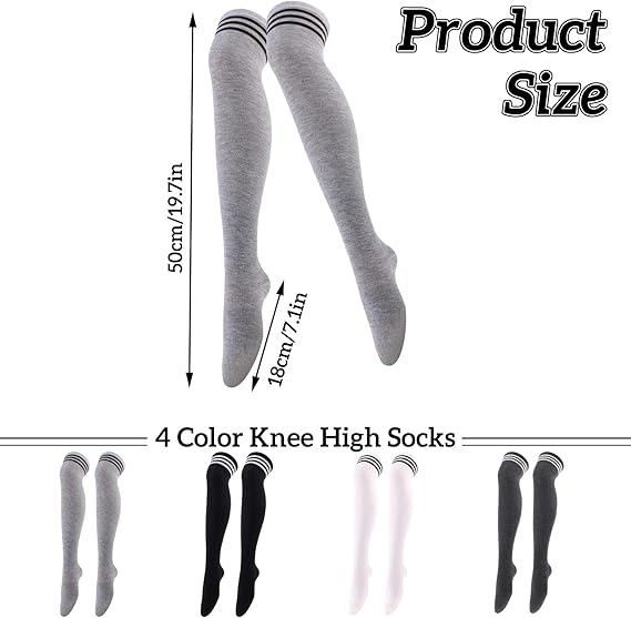 ZYNERY 4 Pairs Stripes Thigh High Socks, Black White Light Grey Dark Grey Knee High Socks, Stretchy Striped Long Socks for Women Girls (Modern, Polyester)