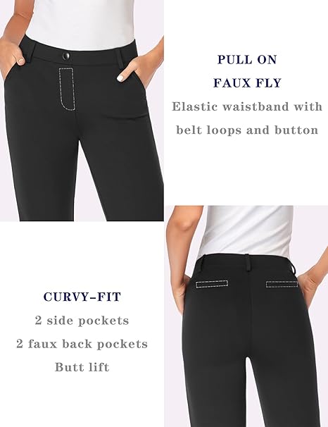 Tapata Women's Stretchy Straight Dress Pants with Pockets Tall, Petite, Regular for Office Work Business, Black, XL / 34L