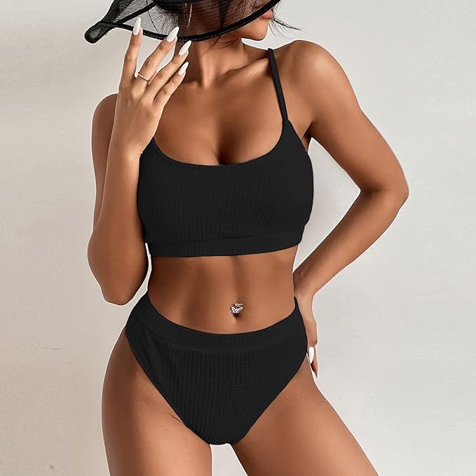 KOEMCY Women's Bikini Set High Waisted Swimsuits Trendy Sexy SwimsuitSuit Triangle Bikini Swimwear Beach Wear Bathing Suit 2 Pieces Bathing Suit Sets (Black,S)