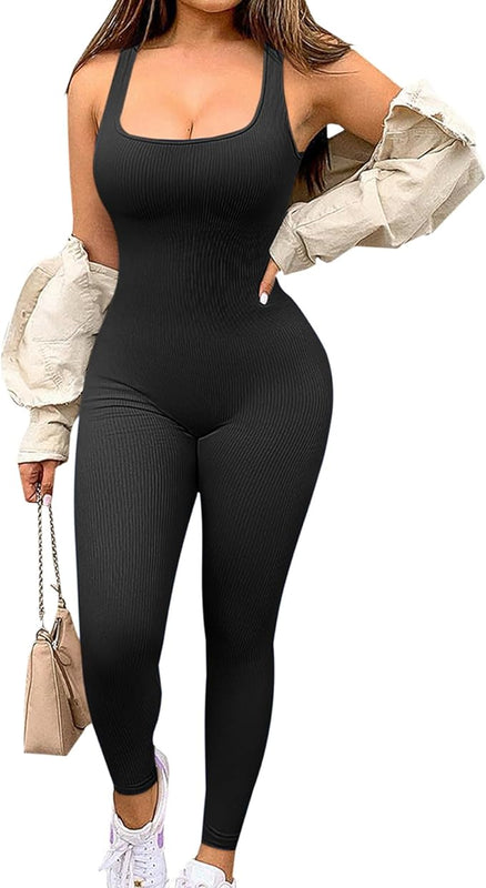 Jetjoy Women Ribbed Jumpsuit Yoga Bodycon Square Neck Sleeveless Sports Romper All In One Jumpsuit Stretchy Overall Workout Ladies Outfit Playsuit S