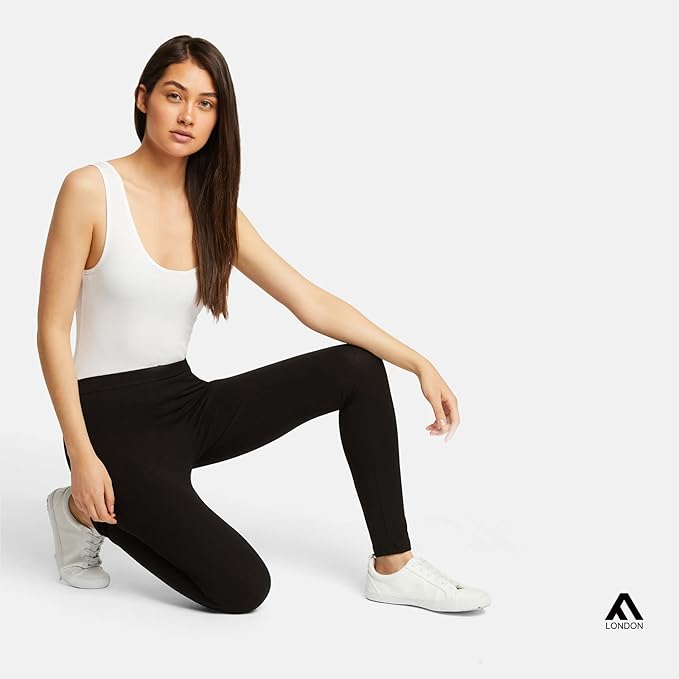 FM London (2-Pack) Women's Casual Leggings - Non See Through Leggings for Women UK - Stretch Fit Women's Leggings worn as Gym Leggings or Casual Wear - Black Leggings, Seamless Leggings
