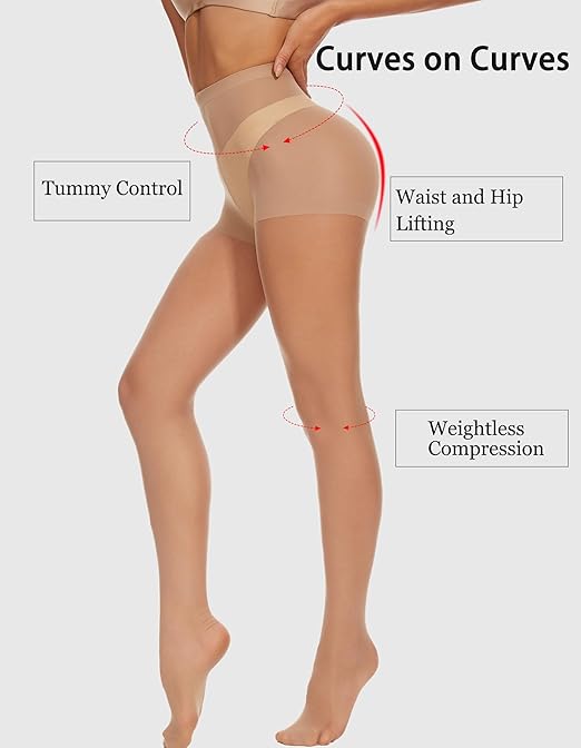 CozyWow 20 Denier Sheer Tights for Women,High Waist Control Top Silk Stockings,Comfortable Women's Pantyhose with Reinforced Toes 2Beige-L