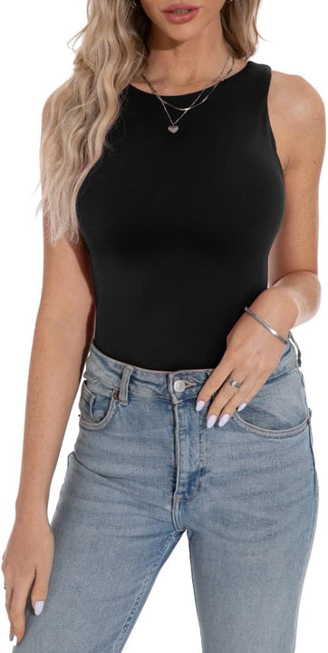 PrinStory Bodysuit for Women Black Sleeveless Body Suit Crew Neck Tank Tops (Black, M)