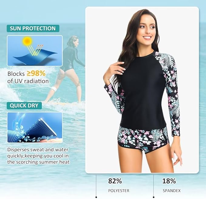 Sillictor Rash Vest Women Swimming Tops UV Womens Swim Shorts and Top Set Ladies 2 Piece Long Sleeve Swimsuits for Women Rash Guard Shirts with Build in Bra for Surfing,Quick Dry 2304 Pink Flower, M