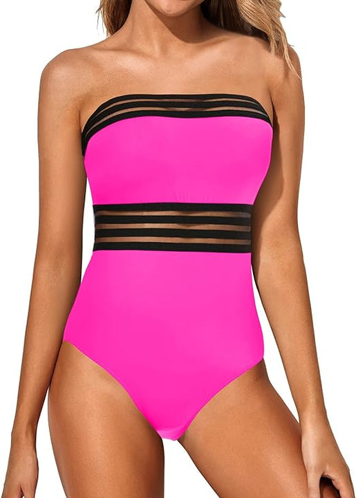 Holipick One Piece Swimsuits Tummy Control Strapless Bathing Suits for Women Slimming Bandeau Tube Swimswear, Hot Pink, Large