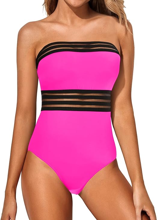 Holipick One Piece Swimsuits Tummy Control Strapless Bathing Suits for Women Slimming Bandeau Tube Swimswear, Hot Pink, Large