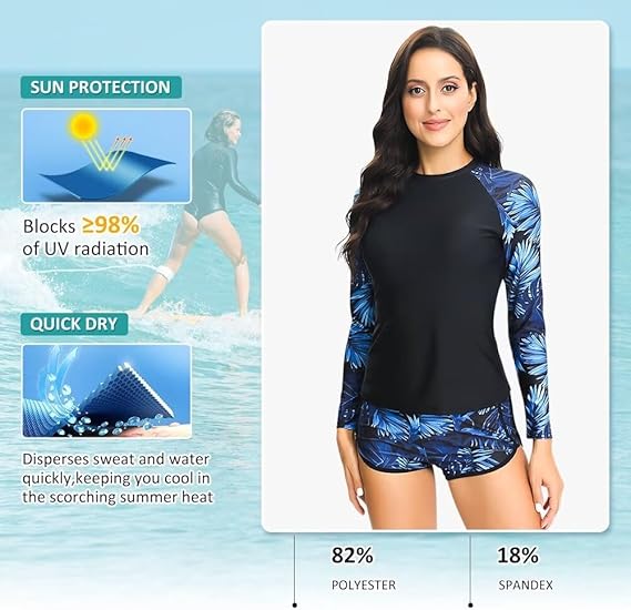 Sillictor Rash Vest Women Swimming Tops UV Womens Swim Shorts and Top Set Ladies 2 Piece Long Sleeve Swimsuits for Women Rash Guard Shirts with Build in Bra for Surfing,Quick Dry 2304