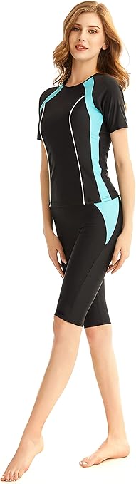 TianMaiGeLun Muslim Swimwear Swimsuit, Full Cover Modest Muslim Swimwear, Beachwear Burkini Short Sleeve Tops and Pants, 2 Piece Modest Swimwear Sets, Blue 1, XL