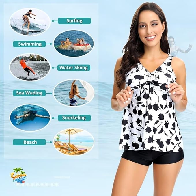 Sillictor Tankini for Women with Shorts Womens Swim Shorts and Top 2 Piece Ladies Swimsuits Boyleg Bikini Swimwear Swimming Costume Set for Bathing,Surfing,Breathable Quick Dry 2210, White Black Rose, L