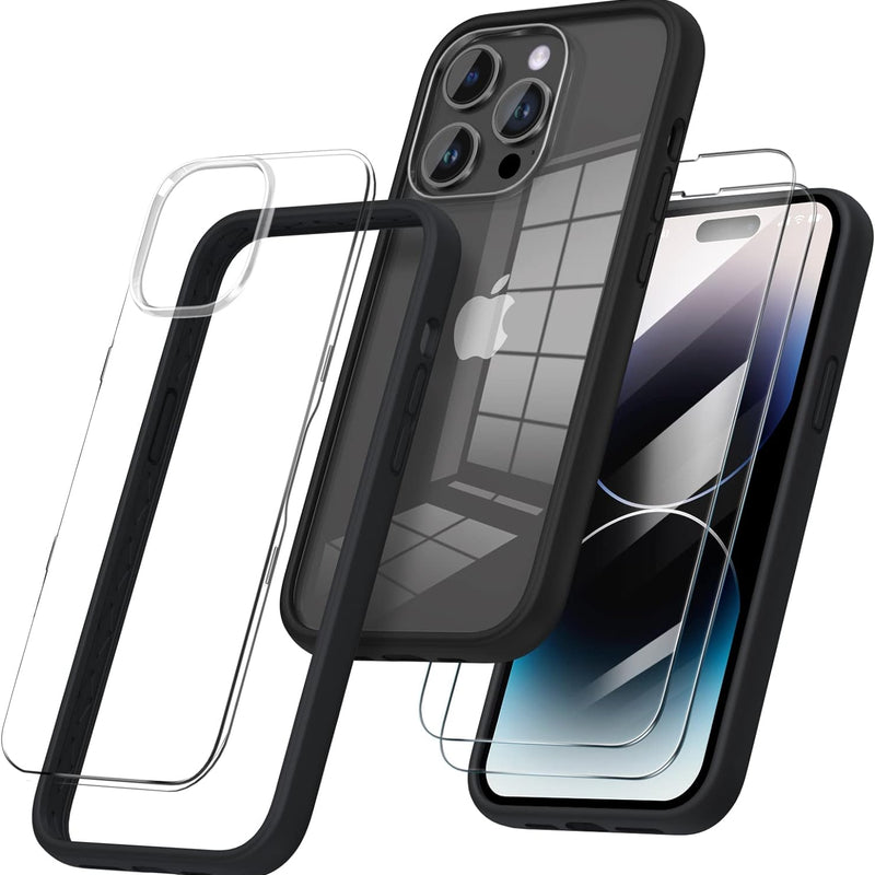 ORNARTO Compatible with iPhone 14 Pro Case 6.1",Bumper Case with 2 x Screen Protector Liquid Silicone Gel Rubber Case Full Body Protection Removable Clear Back Cover for iPhone 14 Pro-Black