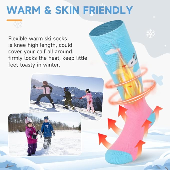 Findway Kids Ski Socks, Kids Thermal Socks 85% Cotton Boys Girls Snow Socks Soft Breathable Winter Outdoor Ski Socks for Skiing Skating Snowboarding, 2 Pairs