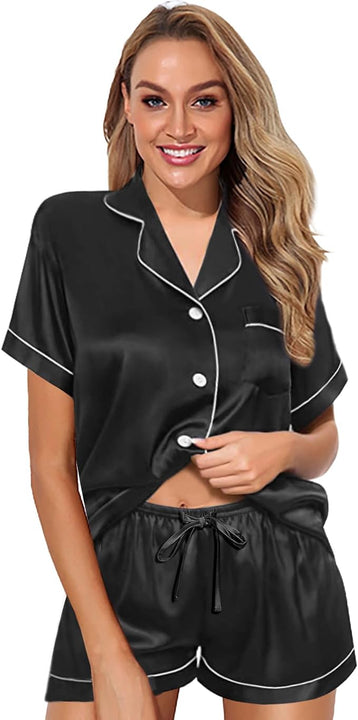 Y WJing Yi Jia Womens Pyjama Sets XS-4XL Silk Satin Pyjamas Set Floral 2Pcs Pj Sets Button Down Pjs Set Sleepwear Loungewear