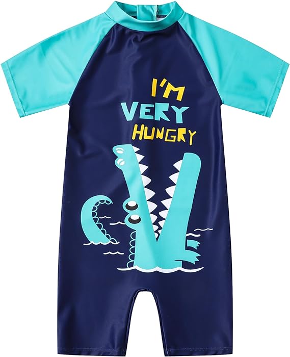 Ewbob Boy Swimsuit Sun Protection Short Sleeve Bathing Suit Kids Crocodile All in One Piece Swimwear Ages 18 Months to 6 Years Swim Costume for Swimming Lessons, Beach and Pool, 4-5Y