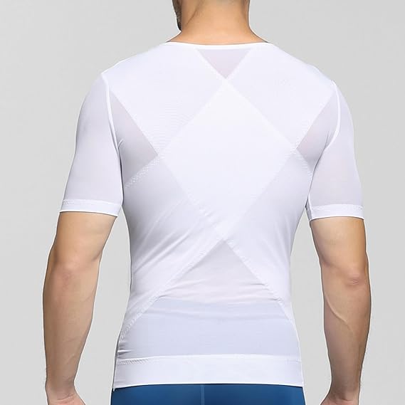 PEONNYT Men Firm Control Body Shaping T-Shirt Slimming Shirt Body Shaper Gynecomastia Compression Shirts Base Layer Undershirts (White XL