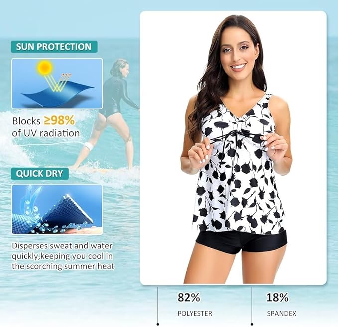 Sillictor Tankini for Women with Shorts Womens Swim Shorts and Top 2 Piece Ladies Swimsuits Boyleg Bikini Swimwear Swimming Costume Set for Bathing,Surfing,Breathable Quick Dry 2210, White Black Rose, L
