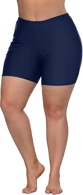 High Waisted Swim Shorts for Ladies Plus Size Tummy Control Boyshorts Elastic Waistband Tankini Bottom, Navy, 3XL