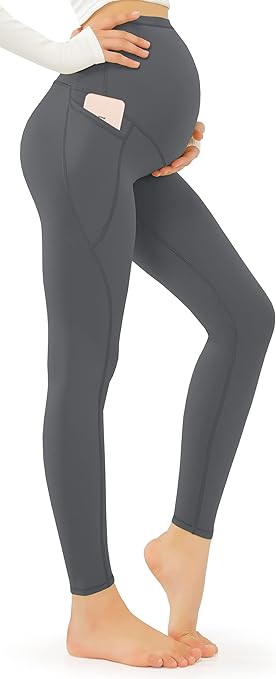 JOYSPELS Maternity Leggings Over The Belly with Pockets Non-See-Through Workout Pregnancy Leggings, Grey, Large