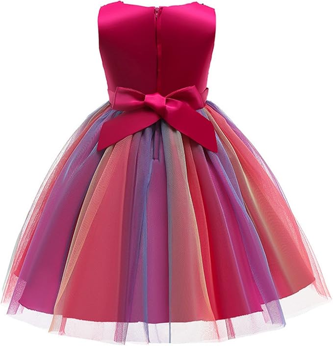 M MUNCASO Girls Princess Dress Sequin Tulle Flower Rainbow Round Collar Sleeveless Formal Dress Birthday Party Wedding Bridesmaid Girl Evening Dresses Toddler Baby Age for 5-6 Years(Rose Red)