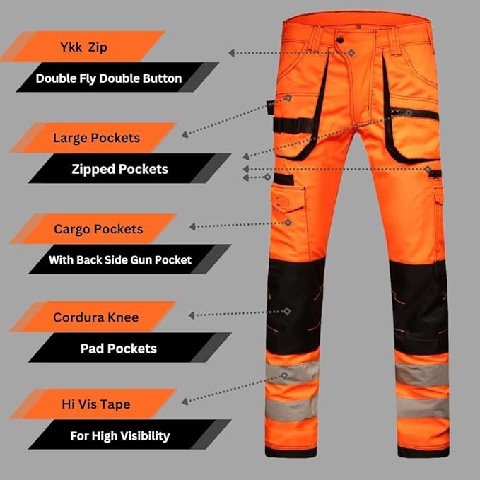 HASHOOB TRADING FZE Men’s Hi Vis Work Trousers high Visibility Cargo Workwear Soft Heavy Duty Multi Pocket Reflective Tape Pants (HV2-ORANGE1, 38W X 32L)