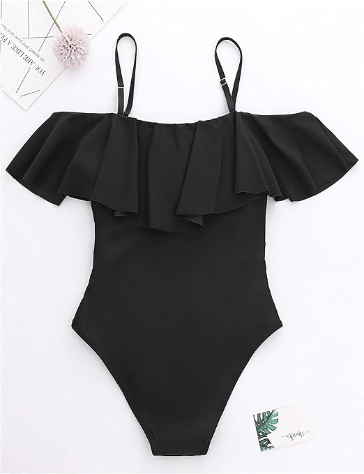 ZINPRETTY Womens Retro One Piece Bathing Suit Tummy Control Off Shoulder Swimsuits Flounce Ruffled Monokini, Black Swimsuit, X-Large