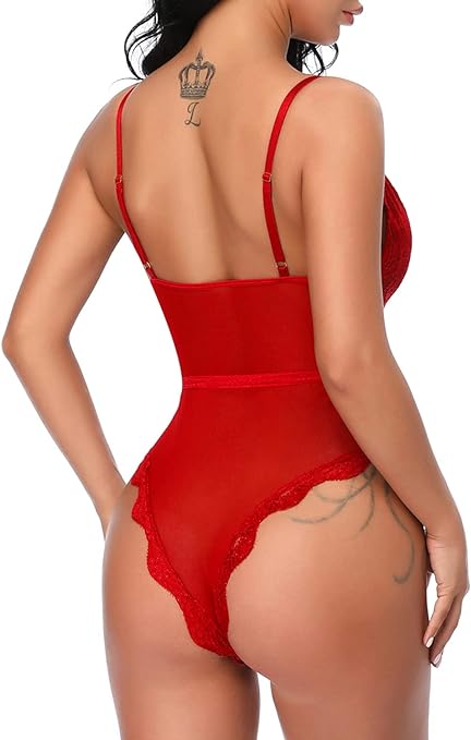 EVELIFE Women Sexy Teddy Lingerie One Piece Lace Babydoll Deep V Neck Bodysuit, Red XXL
