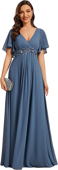 Ever-Pretty Women's Chiffon V Neck Short Sleeves Appliques Bridesmaid Dressses Evening Dresses Dusty Navy 22UK