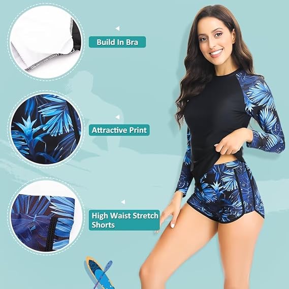 Sillictor Rash Vest Women Swimming Tops UV Womens Swim Shorts and Top Set Ladies 2 Piece Long Sleeve Swimsuits for Women Rash Guard Shirts with Build in Bra for Surfing,Quick Dry 2304