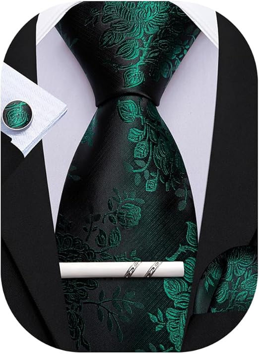 Barry.Wang Mens Green Tie and Clip Floral Silk Wedding Necktie Handkerchief Cufflinks Set Formal Party